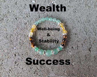 Aventurine verte, oeil de tigre, citrine - Bracelet extensible en cristal - Pierre naturelle - Réussite, bien-être, richesse, accomplissement d'objectifs, estime de soi