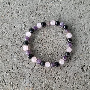 Mental Strength: Amethyst, Obsidian, Rose Quartz - Crystal Stretch Bracelet - Natural Stone - Soul Healing, Emotional Balance, Stability image 7