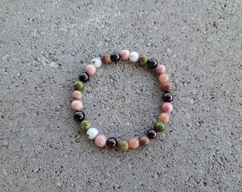 Fertilité et grossesse (style A) : grenat, pierre de lune, rhodonite, unakite - Bracelet extensible en cristal - Amour, passion, maternité, accouchement