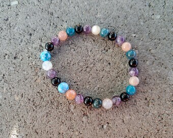 New Beginnings: Moonstone, Apatite, Amethyst, Onyx - Crystal Stretch Bracelet - Master Your Destiny, Inspiration, Focus
