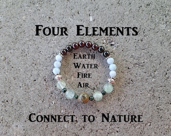 Jaspe, fluorite, aigue-marine, grenat - Bracelet extensible en cristal - Connectez-vous à la nature - Quatre éléments - Terre, eau, feu, air