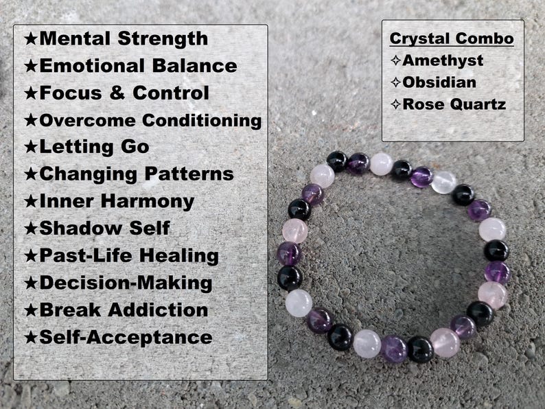 May include: A beaded bracelet featuring amethyst, obsidian, and rose quartz stones. The bracelet is displayed next to text listing benefits such as mental strength, emotional balance, and focus & control. The bracelet is on a gray surface.