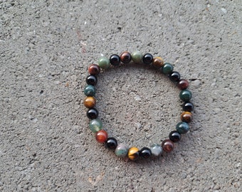 Energy Balance: Tiger Eye, Jasper, Onyx - Crystal Stretch Bracelet - Natural Stone - Yin & Yang, Chakra Cleanse, Willpower