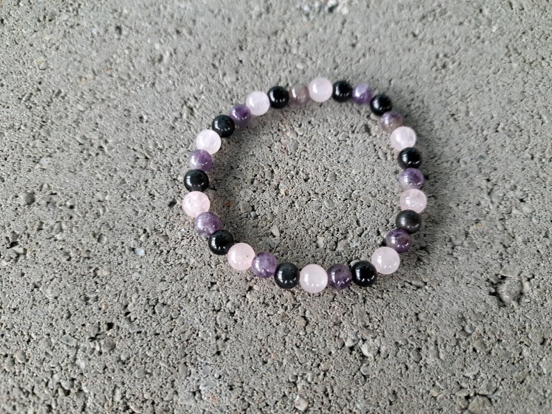Mental Strength: Amethyst, Obsidian, Rose Quartz - Crystal Stretch Bracelet - Natural Stone - Soul Healing, Emotional Balance, Stability image 10