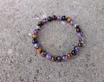 Thought Patterns: Amethyst, Tourmaline, Tiger's Eye - Crystal Stretch Bracelet - Mental Reprogramming, Decision-making, Brain Balance