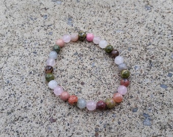 Fertilité et grossesse (style B) : pierre de lune, quartz rose, rhodonite, unakite - Bracelet extensible en cristal - Amour, passion, accouchement