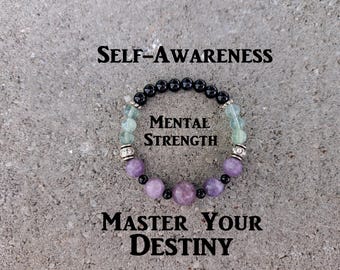 Lépidolite, fluorite, onyx - Bracelet extensible en cristal - Pierre naturelle - Maîtrise de soi, compréhension de soi, force mentale, changement de comportement