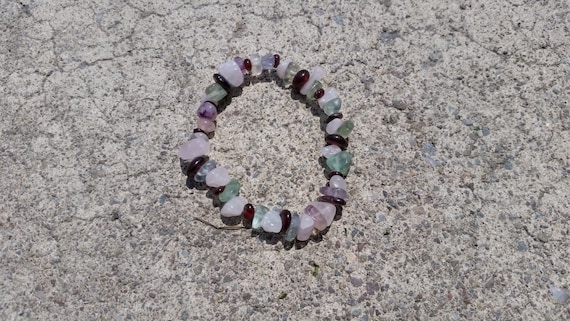 Depression: Fluorite, Garnet, Rose Quartz - Crystal Chip Stretch Bracelet -Natural Stone- Inner Healing, Survival, Self-Harm, Hope