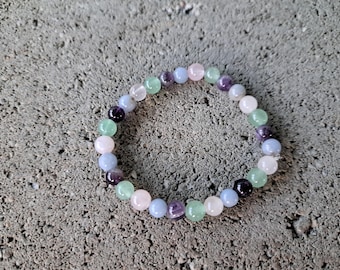 Choix sains : améthyste, angélite, aventurine, quartz rose - Bracelet extensible en cristal - Pierre naturelle - Contrôle du poids, acceptation de soi