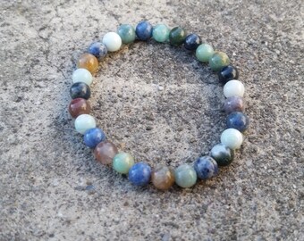 Changement et stabilité : amazonite, dumortiérite, jaspe - Bracelet extensible en cristal - Pierre naturelle - Lâcher prise, opportunités, détermination