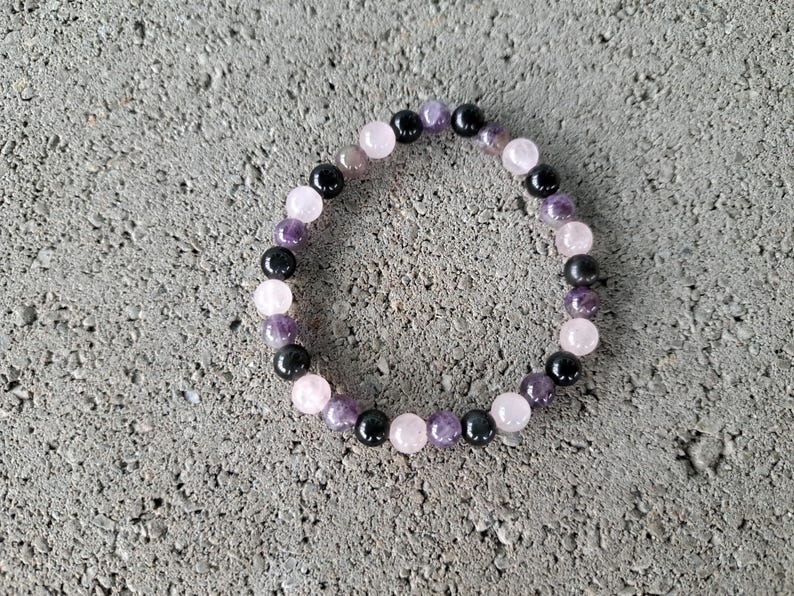 Mental Strength: Amethyst, Obsidian, Rose Quartz - Crystal Stretch Bracelet - Natural Stone - Soul Healing, Emotional Balance, Stability image 11