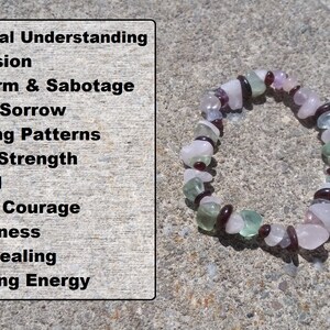 Op de afbeelding: Een armband gemaakt van fluorite, granaat en rozenkwarts kristallen. De armband ligt op een grijze achtergrond. De tekst "Crystal Combo" staat in de rechterbovenhoek van de afbeelding. De tekst "Fluorite", "Garnet" en "Rose Quartz" staan onder "Crystal Combo" vermeld. De tekst "Emotional Understanding", "Depression", "Self-Harm & Sabotage", "Grief & Sorrow", "Changing Patterns", "Mental Strength", "Survival", "Hope & Courage", "Forgiveness", "Heart Healing" en "Cleansing Energy" staat aan de linkerkant van de afbeelding.