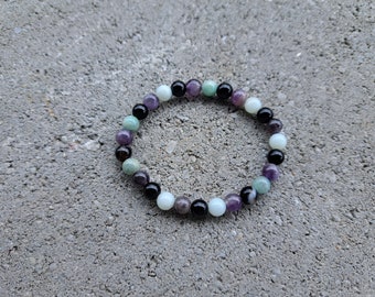Force mentale : amazonite, améthyste, onyx - Bracelet extensible en cristal - Pierre naturelle - Calme émotionnel, surmonter l'anxiété, rompre la dépendance