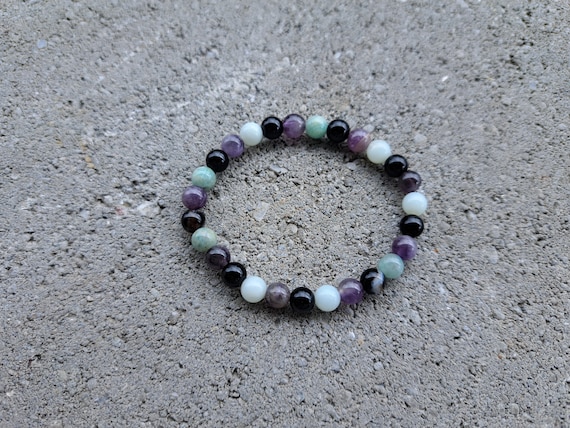Mental Strength: Amazonite, Amethyst, Onyx - Crystal Stretch Bracelet - Natural Stone - Emotional Calm, Overcome Anxiety, Break Addiction