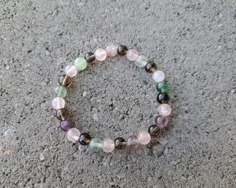 Dépression : fluorite, quartz fumé, quartz rose - Bracelet en cristal extensible - Manipulation de bloc, Surmonter le conditionnement, Auto-sabotage