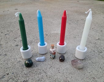 Four Elements: Crystal & Candle Intention Set - Natural Stone - Earth, Water, Fire, Air - Connect to Nature - Strength, Balance, Harmony