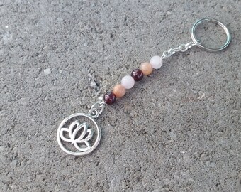 Garnet, Moonstone, Rose Quartz - Crystal Bead Keychain - Natural Stone - Lotus Flower Charm - Fertility, Love, Creation, New Life
