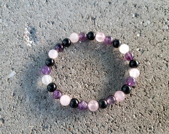 Mental Strength: Amethyst, Obsidian, Rose Quartz - Crystal Stretch Bracelet - Natural Stone - Soul Healing, Emotional Balance, Stability