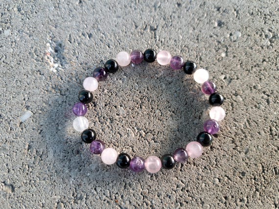 Mental Strength: Amethyst, Obsidian, Rose Quartz - Crystal Stretch Bracelet - Natural Stone - Soul Healing, Emotional Balance, Stability