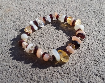 Autosabotage et succès : citrine, grenat, pierre de lune - Bracelet extensible en cristal - Créativité, joie de vivre, stabilité émotionnelle, courage