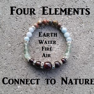 May include: A beaded bracelet with the words "Four Elements" and "Connect to Nature". The bracelet features a variety of beads in colors like brown, blue, and green. The words "Earth, Water, Fire, Air" are also displayed.
