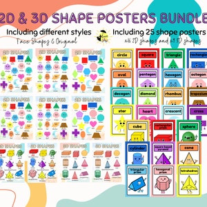 May include: A set of 25 colorful posters featuring 2D and 3D shapes. Each poster has a different shape with a cute face and the name of the shape written below. The posters are perfect for teaching children about geometry.