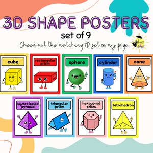 Könnte beinhalten: Ein Satz von neun bunten Postern mit 3D-Formen mit Comic-Gesichtern. Jedes Poster trägt den Namen der Form, wie "Würfel", "Kugel" und "Zylinder".