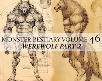 7 Páginas Monster Bestiary Capítulo 46, Monster Encyclopedia Vol 46, 7 JPG Lobisomem Parte 2 Bestiary Fantasy Codex Junk Journal LARP prop