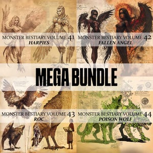 May include: A collage of four images depicting different mythical creatures from a Monster Bestiary series. The images include a Harpy, a Fallen Angel, a Roc, and a Poison Wolf. The text "MEGA BUNDLE" is displayed in the center of the collage.