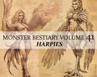 Bestiario de monstruos de 17 páginas Capítulo 41, Enciclopedia de monstruos Vol 41, 17 JPG Bestiario de arpías femeninas Códice de fantasía Diario basura LARP prop
