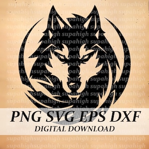 May include: Black and white silhouette of a wolf's head with a stylized moon shape behind it.  The wolf's eyes are narrowed and its mouth is closed.  The image is on a beige background with the text "PNG SVG EPS DXF DIGITAL DOWNLOAD" below it.