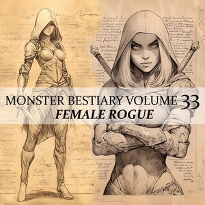 May include: A black and white illustration of a female rogue character wearing a hooded cloak and holding two swords. The image is titled "Monster Bestiary Volume 33 Female Rogue".