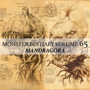 May include: A vintage illustration of a Mandrake, a mythical plant with a human-like face and roots. The image is titled "Monster Bestiary Volume 65: Mandrake".