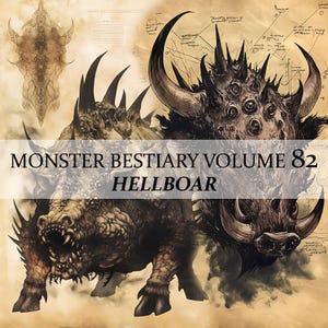 May include: A black and white illustration of a Hellboar, a monstrous creature with a boar-like body, multiple eyes, and sharp horns. The illustration is labeled "Monster Bestiary Volume 82 Hellboar".