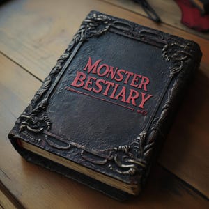 May include: A black leather-bound book with an ornate, embossed design. The title "Monster Bestiary" is printed in red on the front cover.