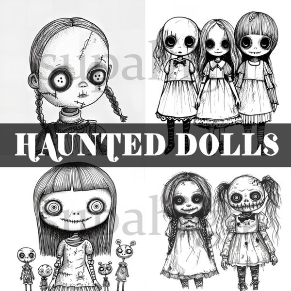 30 Haunted Dolls kleurboekpagina's - JPEG volwassen kleurplaten, grijswaardenkleuren, Instant Download, hoge resolutie,