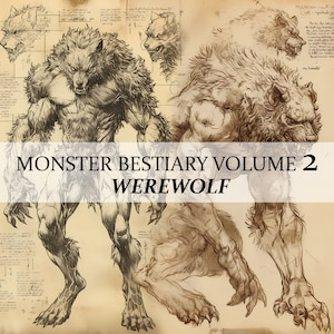 Könnte beinhalten: Eine detaillierte Bleistiftzeichnung eines Werwolfs, die verschiedene Ansichten des Körpers, des Kopfes und der Pfoten der Kreatur zeigt. Die Zeichnung ist mit "Monster Bestiary Volume 2 Werwolf" beschriftet.