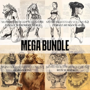 May include: A digital art collage of four black and white illustrations of fantasy creatures. The top left image is a female werewolf slave. The top right image is a female human slave. The bottom left image is a goblin king. The bottom right image is a witch matron. The text "Monster Bestiary" and the volume number are included in each image.