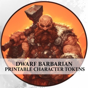 Puede incluir: Un token de personaje imprimible para un bárbaro enano. El token presenta a un enano de aspecto feroz con barba roja, sosteniendo un gran martillo. El token está diseñado para su uso en juegos de rol de mesa.