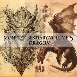 Puede incluir: Una ilustración detallada de un dragón, con un primer plano de su cabeza y alas. La imagen está etiquetada como "Monster Bestiary Volume 5 Dragon".