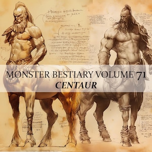 Puede incluir: Una ilustración detallada de un centauro, una criatura mítica con la parte superior del cuerpo de un hombre y la parte inferior del cuerpo de un caballo. La ilustración es de estilo vintage, con un fondo marrón y texto escrito a mano. El texto dice "Bestiario de Monstruos Volumen 71 Centauro".
