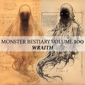 Puede incluir: Ilustración de un espectro del Bestiario de Monstruos Volumen 100. La imagen presenta dos figuras espectrales con ojos oscuros y huecos, envueltas en ropas fluidas y desgarradas. El fondo tiene una textura de pergamino con notas manuscritas.