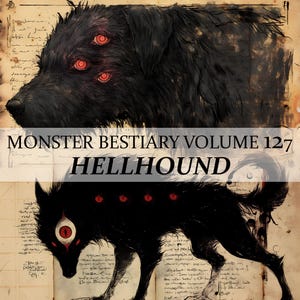 May include: Illustration of a Hellhound from Monster Bestiary Volume 127. The image features a black dog with three red eyes and a stylized black wolf with multiple red eyes. The background has aged paper textures.