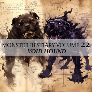 Könnte beinhalten: Eine Illustration im Vintage-Stil von zwei schwarzen Leerenhunden mit leuchtenden Augen, vor einem Hintergrund aus Pergamentpapier mit handschriftlichen Notizen. Der Text unten lautet "Monster Bestiarium Band 22 Leerenhund".