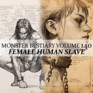 May include: Illustration from "Monster Bestiary Volume 140: Female Human Slave." The artwork features a detailed pencil sketch of a woman in a submissive pose, with chains and a spiked collar. The background includes handwritten notes and sketches.