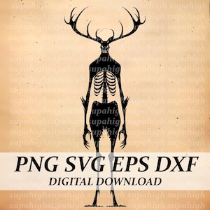 May include: Black and white digital illustration of a skeletal creature with large antlers. The creature has a human-like body with a ribcage visible. The creature is standing with its legs slightly apart and its arms at its sides. The background is a light brown color.