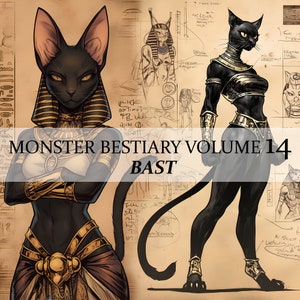 Può includere: Una creatura nera simile a un gatto con tratti umani, vestita con un costume dorato e nero, con una coda grande. La creatura è raffigurata in un'illustrazione fantasy con il testo "MONSTER BESTIARY VOLUME 14 BAST".