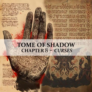 Könnte beinhalten: Eine Illustration mit einer Hand voller Tätowierungen und dem Text "TOME OF SHADOW CHAPTER 8 - CURSES". Der Hintergrund zeigt alte Schriftzeichen und dunkle Bilder. Die Farbpalette umfasst Braun-, Rot- und Schwarztöne, die ein mystisches Thema hervorrufen.