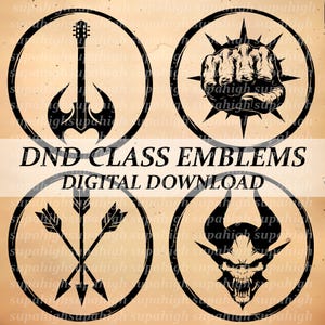 May include: Four black and white circular emblems with a white background. Each emblem features a different symbol: a guitar, a fist, three arrows, and a horned demon head. The text "DND CLASS EMBLEMS DIGITAL DOWNLOAD" is printed below the emblems.
