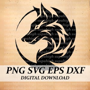 May include: Black and white stylized illustration of a wolf's head in a circle. The wolf's head is facing left and has a tribal design. The image is on a beige background with the text "PNG SVG EPS DXF DIGITAL DOWNLOAD" at the bottom.